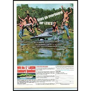 1968 Levi's Jeans Larson Comboard Speedboat Vintage Print Ad Lake Boating Art